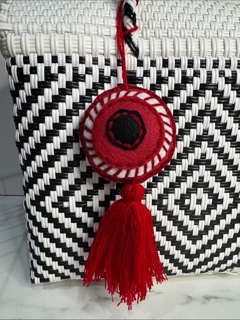 Evil eye handmade hand embroidered Red Tassel Bag Charm bag accent Mexican folk
